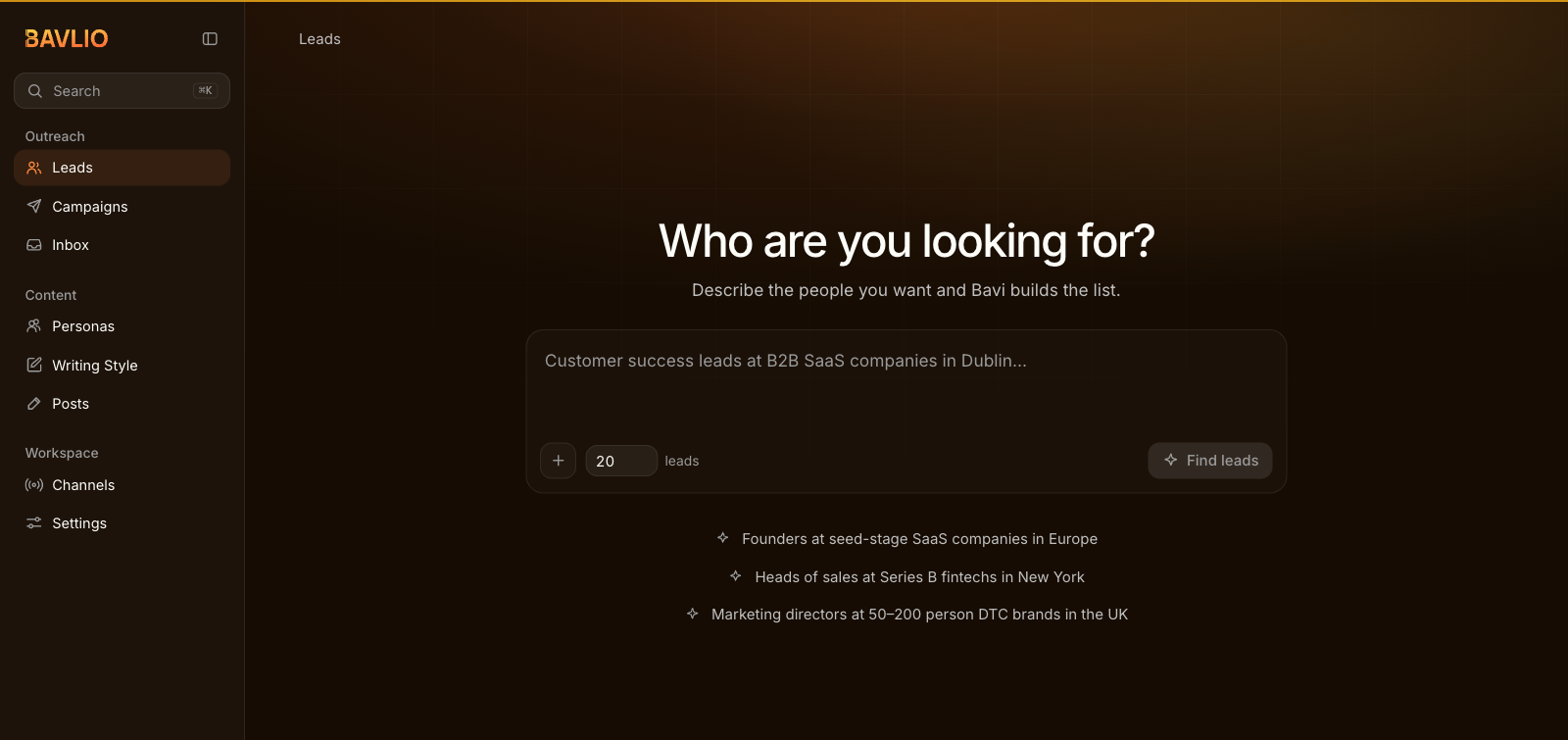 Bavlio Leads screen with a prompt to describe the people to find and example audience descriptions